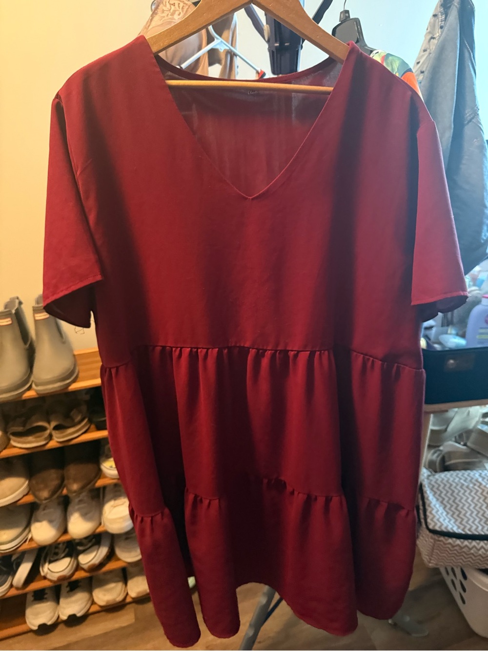 Amazon Women's V-Neck Tiered Mini Dress - Burgundy